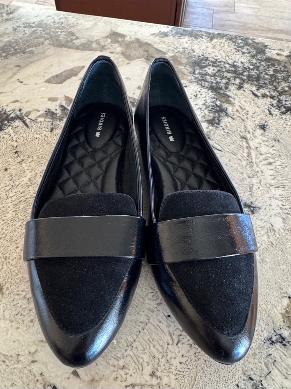 Birdies Black Pointed Loafer Flats with Leather Strap Detail